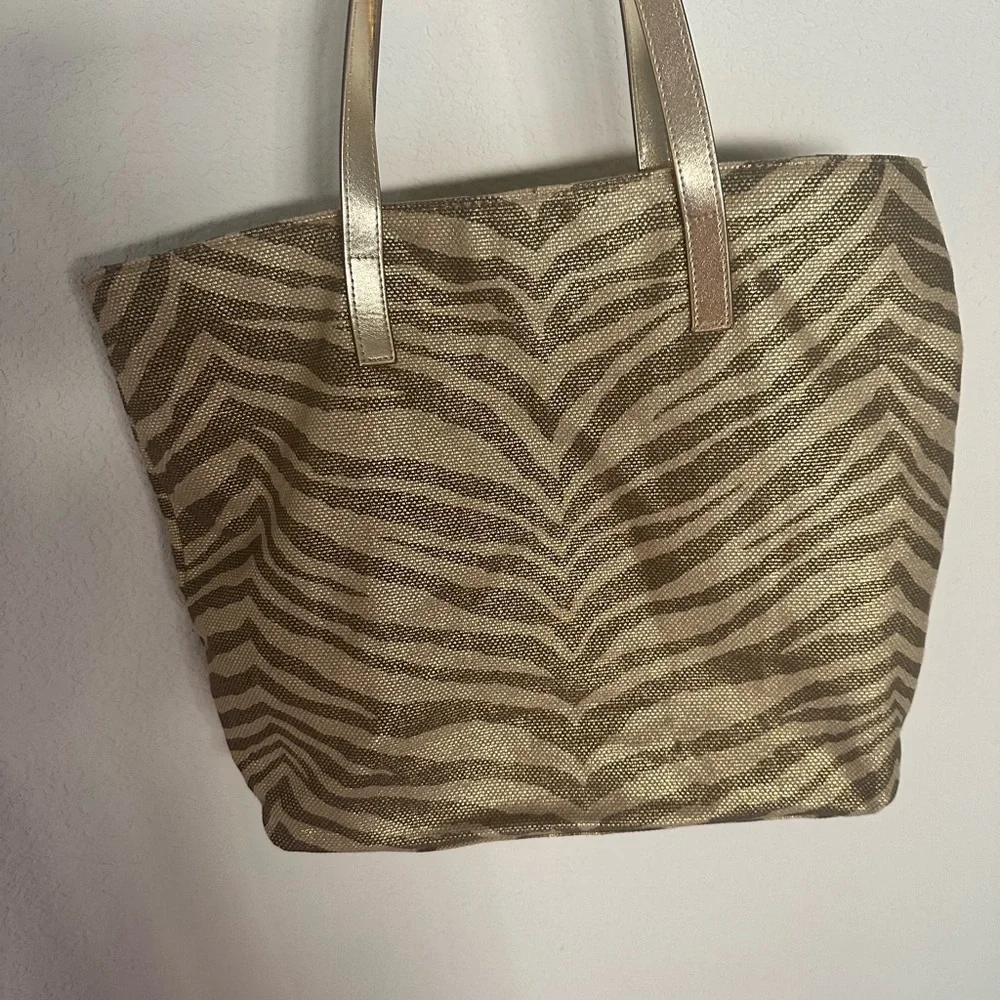 Michael Kors Zebra/Animal Print Metallic Gold and Beige Coated Canvas Tote